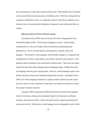 29
this communication is often done using the written word. What should not be overlooked
is how powerful the oral communications of children can be. With their writing skills not
as good as a traditional art critic, it is important to listen to what they are telling us as an
alternative way of measuring their intelligence, as opposed to just reading what they are
writing.
Differences Between Written and Oral Language
According to Gaon (2001), there are two key divisions of language that were
identified by Mapou (1985). The first type of language is spoken, which includes
comprehension (i.e. the use of single words to demonstrate understanding) and
production (i.e. the use of verbal speech, sound repetition, symbolic words, and
dialogue). The second is written language, which includes reading (i.e. recognition and
comprehension of letters, words, phrases, and sentence structure) and writing (i.e. word
spelling, sentence mechanics, tone and dictation, and discourse). These areas are further
divided into those that reflect language input and language output. Children first learn
oral language when they hear it being spoken. However, written language requires more
formal instruction in the areas of spelling and placement of words. According to Gaon
(2001), the written language component is a highly complex task that may take several
years for a person to truly understand. It then takes even longer for the person to master
the concept of sentence structure.
Vygotsky (1962) recognized the differences between oral and written language
when he wrote that a writing activity demands a high level of abstraction, deliberate
semantics, and conscious efforts, whereas the speech activity requires spontaneity and
unconscious activity. Furthermore, written language uses an orthographic system, which
 