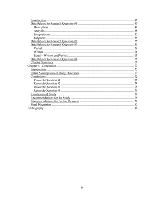 iv
Introduction...............................................................................................................43
Data Related to Research Question #1 .......................................................................46
Description............................................................................................................47
Analysis.................................................................................................................48
Interpretation.........................................................................................................50
Judgment...............................................................................................................53
Data Related to Research Question #2 .......................................................................55
Data Related to Research Question #3 .......................................................................59
Verbal....................................................................................................................59
Written ..................................................................................................................61
Equal – Written and Verbal....................................................................................63
Data Related to Research Question #4 .......................................................................65
Chapter Summary......................................................................................................67
Chapter 5: Conclusion..................................................................................................70
Introduction...............................................................................................................70
Initial Assumptions of Study Outcomes.....................................................................70
Conclusions...............................................................................................................72
Research Question #1 ............................................................................................72
Research Question #2 ............................................................................................74
Research Question #3 ............................................................................................75
Research Question #4 ............................................................................................76
Limitations of Study..................................................................................................77
Recommendations for the Study................................................................................78
Recommendations for Further Research ....................................................................79
Final Discussion ........................................................................................................80
Bibliography .................................................................................................................88
 