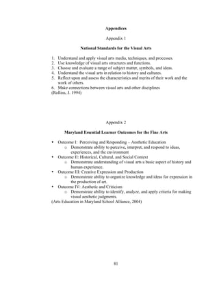 81
Appendices
Appendix 1
National Standards for the Visual Arts
1. Understand and apply visual arts media, techniques, and processes.
2. Use knowledge of visual arts structures and functions.
3. Choose and evaluate a range of subject matter, symbols, and ideas.
4. Understand the visual arts in relation to history and cultures.
5. Reflect upon and assess the characteristics and merits of their work and the
work of others.
6. Make connections between visual arts and other disciplines
(Rollins, J. 1994)
Appendix 2
Maryland Essential Learner Outcomes for the Fine Arts
• Outcome I: Perceiving and Responding – Aesthetic Education
o Demonstrate ability to perceive, interpret, and respond to ideas,
experiences, and the environment
• Outcome II: Historical, Cultural, and Social Context
o Demonstrate understanding of visual arts a basic aspect of history and
human experience.
• Outcome III: Creative Expression and Production
o Demonstrate ability to organize knowledge and ideas for expression in
the production of art.
• Outcome IV: Aesthetic and Criticism
o Demonstrate ability to identify, analyze, and apply criteria for making
visual aesthetic judgments.
(Arts Education in Maryland School Alliance, 2004)
 