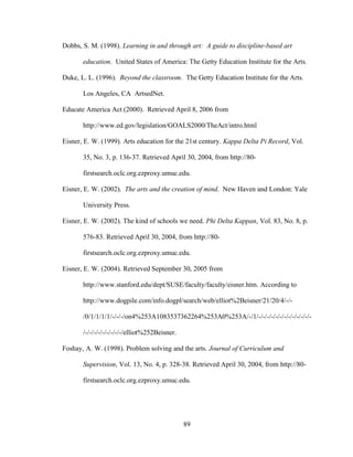 89
Dobbs, S. M. (1998). Learning in and through art: A guide to discipline-based art
education. United States of America: The Getty Education Institute for the Arts.
Duke, L. L. (1996). Beyond the classroom. The Getty Education Institute for the Arts.
Los Angeles, CA ArtsedNet.
Educate America Act (2000). Retrieved April 8, 2006 from
http://www.ed.gov/legislation/GOALS2000/TheAct/intro.html
Eisner, E. W. (1999). Arts education for the 21st century. Kappa Delta Pi Record, Vol.
35, No. 3, p. 136-37. Retrieved April 30, 2004, from http://80-
firstsearch.oclc.org.ezproxy.umuc.edu.
Eisner, E. W. (2002). The arts and the creation of mind. New Haven and London: Yale
University Press.
Eisner, E. W. (2002). The kind of schools we need. Phi Delta Kappan, Vol. 83, No. 8, p.
576-83. Retrieved April 30, 2004, from http://80-
firstsearch.oclc.org.ezproxy.umuc.edu.
Eisner, E. W. (2004). Retrieved September 30, 2005 from
http://www.stanford.edu/dept/SUSE/faculty/faculty/eisner.htm. According to
http://www.dogpile.com/info.dogpl/search/web/elliot%2Beisner/21/20/4/-/-
/0/1/1/1/1/-/-/-/on4%253A1083537362264%253A0%253A/-/1/-/-/-/-/-/-/-/-/-/-/-/-/-
/-/-/-/-/-/-/-/-/-/elliot%252Beisner.
Foshay, A. W. (1998). Problem solving and the arts. Journal of Curriculum and
Supervision, Vol. 13, No. 4, p. 328-38. Retrieved April 30, 2004, from http://80-
firstsearch.oclc.org.ezproxy.umuc.edu.
 