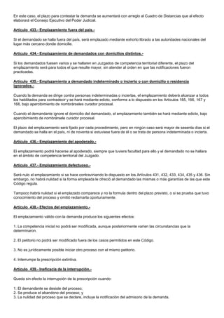 En este caso, el plazo para contestar la demanda se aumentará con arreglo al Cuadro de Distancias que al efecto
elaborará el Consejo Ejecutivo del Poder Judicial.
Artículo 433.- Emplazamiento fuera del país.Si el demandado se halla fuera del país, será emplazado mediante exhorto librado a las autoridades nacionales del
lugar más cercano donde domicilie.
Artículo 434.- Emplazamiento de demandados con domicilios distintos.Si los demandados fuesen varios y se hallaren en Juzgados de competencia territorial diferente, el plazo del
emplazamiento será para todos el que resulte mayor, sin atender al orden en que las notificaciones fueron
practicadas.
Artículo 435.- Emplazamiento a demandado indeterminado o incierto o con domicilio o residencia
ignorados.Cuando la demanda se dirige contra personas indeterminadas o inciertas, el emplazamiento deberá alcanzar a todos
los habilitados para contradecir y se hará mediante edicto, conforme a lo dispuesto en los Artículos 165, 166, 167 y
168, bajo apercibimiento de nombrárseles curador procesal.
Cuando el demandante ignore el domicilio del demandado, el emplazamiento también se hará mediante edicto, bajo
apercibimiento de nombrársele curador procesal.
El plazo del emplazamiento será fijado por cada procedimiento, pero en ningún caso será mayor de sesenta días si el
demandado se halla en el país, ni de noventa si estuviese fuera de él o se trata de persona indeterminada o incierta.
Artículo 436.- Emplazamiento del apoderado.El emplazamiento podrá hacerse al apoderado, siempre que tuviera facultad para ello y el demandado no se hallara
en el ámbito de competencia territorial del Juzgado.
Artículo 437.- Emplazamiento defectuoso.Será nulo el emplazamiento si se hace contraviniendo lo dispuesto en los Artículos 431, 432, 433, 434, 435 y 436. Sin
embargo, no habrá nulidad si la forma empleada le ofreció al demandado las mismas o más garantías de las que este
Código regula.
Tampoco habrá nulidad si el emplazado comparece y no la formula dentro del plazo previsto, o si se prueba que tuvo
conocimiento del proceso y omitió reclamarla oportunamente.
Artículo 438.- Efectos del emplazamiento.El emplazamiento válido con la demanda produce los siguientes efectos:
1. La competencia inicial no podrá ser modificada, aunque posteriormente varíen las circunstancias que la
determinaron.
2. El petitorio no podrá ser modificado fuera de los casos permitidos en este Código.
3. No es jurídicamente posible iniciar otro proceso con el mismo petitorio.
4. Interrumpe la prescripción extintiva.
Artículo 439.- Ineficacia de la interrupción.Queda sin efecto la interrupción de la prescripción cuando:
1. El demandante se desiste del proceso;
2. Se produce el abandono del proceso; y
3. La nulidad del proceso que se declare, incluye la notificación del admisorio de la demanda.

 