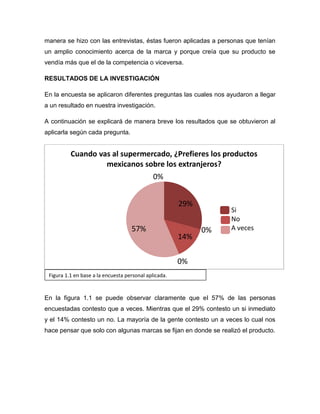 Figura 1.1 en base a la encuesta personal aplicada.
manera se hizo con las entrevistas, éstas fueron aplicadas a personas que tenían
un amplio conocimiento acerca de la marca y porque creía que su producto se
vendía más que el de la competencia o viceversa.
RESULTADOS DE LA INVESTIGACIÓN
En la encuesta se aplicaron diferentes preguntas las cuales nos ayudaron a llegar
a un resultado en nuestra investigación.
A continuación se explicará de manera breve los resultados que se obtuvieron al
aplicarla según cada pregunta.
En la figura 1.1 se puede observar claramente que el 57% de las personas
encuestadas contesto que a veces. Mientras que el 29% contesto un si inmediato
y el 14% contesto un no. La mayoría de la gente contesto un a veces lo cual nos
hace pensar que solo con algunas marcas se fijan en donde se realizó el producto.
29%
0%
14%
0%
57%
0%
Cuando vas al supermercado, ¿Prefieres los productos
mexicanos sobre los extranjeros?
Si
No
A veces
 
