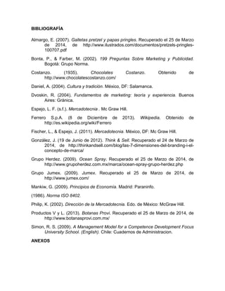 BIBLIOGRAFÍA
Almargo, E. (2007). Galletas pretzel y papas pringles. Recuperado el 25 de Marzo
de 2014, de http://www.ilustrados.com/documentos/pretzels-pringles-
100707.pdf
Bonta, P., & Farber, M. (2002). 199 Preguntas Sobre Marketing y Publicidad.
Bogotá: Grupo Norma.
Costanzo. (1935). Chocolates Costanzo. Obtenido de
http://www.chocolatescostanzo.com/
Daniel, A. (2004). Cultura y tradición. México, DF: Salamanca.
Dvoskin, R. (2004). Fundamentos de marketing: teoría y experiencia. Buenos
Aires: Gránica.
Espejo, L. F. (s.f.). Mercadotecnia . Mc Graw Hill.
Ferrero S.p.A. (8 de Diciembre de 2013). Wikipedia. Obtenido de
http://es.wikipedia.org/wiki/Ferrero
Fischer, L., & Espejo, J. (2011). Mercadotecnia. México, DF: Mc Graw Hill.
González, J. (19 de Junio de 2012). Think & Sell. Recuperado el 24 de Marzo de
2014, de http://thinkandsell.com/blog/las-7-dimensiones-del-branding-i-el-
concepto-de-marca/
Grupo Herdez. (2009). Ocean Spray. Recuperado el 25 de Marzo de 2014, de
http://www.grupoherdez.com.mx/marca/ocean-spray-grupo-herdez.php
Grupo Jumex. (2009). Jumex. Recuperado el 25 de Marzo de 2014, de
http://www.jumex.com/
Mankiw, G. (2009). Principios de Economía. Madrid: Paraninfo.
(1986). Norma ISO 8402.
Philip, K. (2002). Dirección de la Mercadotecnia. Edo. de México: McGraw Hill.
Productos V y L. (2013). Botanas Provi. Recuperado el 25 de Marzo de 2014, de
http://www.botanasprovi.com.mx/
Simon, R. S. (2009). A Management Model for a Competence Development Focus
University School. (English). Chile: Cuadernos de Administracion.
ANEXOS
 