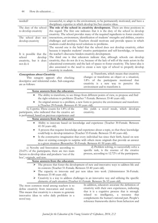44 How do education … 
Journal for the Education of the Young Scientist & Giftedness, 2014, 2/2 
needed? 
resourceful, to adapt to the environment, to be permanently motivated, and have a disciplinary expertise in which develop his/her creative ideas. 
The duty of the school to develop creativity 
The role of the school in creativity development. There are three positions in this regard. The first one indicates that it is the duty of the school to develop creativity. The school provides many of the required ingredients to foster creativity: interactions, environment, identification of students‟ strengths and abilities, creative challenges and activities. Teachers should motivate and provide spaces in which students could develop novel solutions to problems. 
The second one is the belief that the school does not develop creativity, either because it impedes students‟ creative participation and self-knowledge, or because the teacher‟s discourse hinders creativity development. 
The third one is that educators indicate that, although schools can develop creativity, they do not do it so, because of the lack of will of the main actors in the educational community and the lack of spaces to foster creativity. The latter idea is also associated to the need to create a new type of school to properly develop creativity in students. 
The school does not develop creativity 
It is possible that the school develop creativity, but it does not do it 
Conceptions about Creativity 
This category appears after checking descriptive and inferential codes. Sub-categories are as follows: 
a) Transform, which means that creativity changes or transforms an object or a situation; 1.8% of the participants mentioned that creativity is a new way to perceive the environment and to transform it. 
Some answers from the educators  The ability to transform, to see things from different points of view, to propose and find the right solutions to problems (Teacher 7-Female. Between 33-40 years old).  An original answer to a problem, a new form to perceive the environment and transform it (Teacher 29-Female. Between 41-50 years old). 
b) Expertise. These counts for 1.8% of the participants, who indicated that the creative act is performed, based on previous experiences and this yields a novel result, which develops creativity. 
Some answers from the educators  Ability to innovate based on knowledge and experience (Teacher 30-Female. Between 41-50 years old).  A process that requires knowledge and experience about a topic, so that these knowledge could help to develop initiatives (Teacher 53-Female. Between 33-40 years old).  Is the constructive imagination that every individual has since their birth, based on new ideas or existing concepts to surprise with others more originals that provide an answer to a given situation (Researcher 30-Female. Between 41-50 years old). 
c) Novelty and Innovation: according to 23.63% of the participants, there are two main factors to develop ideas and products „out of the box‟, originals, and new. 
d) Problem solving, to successfully solve a specific task, is the essence of the creative process, according to 12.72% of the participants. 
Some answers from the educators  The process that foster the development of new and innovative ways to address life and its contexts (Teacher 51-Female. Between 33-40 years old).  The capacity to innovate and put new ideas into work (Administrator 56-Female. Between 33-40 years old).  Creativity is a way to address challenges in an innovative way and utilizing the specific elements of each situation (Teacher 61-Female. Between 26-32 years old). 
The most common trend among teachers is to define creativity from innovation and novelty. This means that creativity is a means to generate innovative ideas to solve daily problems in a novel way. 
In addition, educators associate the definition of creativity with their own experiences, indicating that it is a cognitive process that is strongly related to intelligence, a resource that complements the human‟s rational part. People‟s reference frameworks derive from behaviors and  