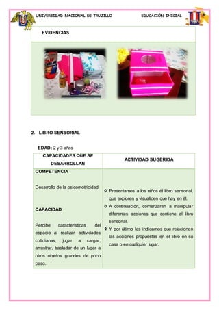 UNIVERSIDAD NACIONAL DE TRUJILLO EDUCACIÓN INICIAL
EVIDENCIAS
2. LIBRO SENSORIAL
EDAD: 2 y 3 años
CAPACIDADES QUE SE
DESARROLLAN
ACTIVIDAD SUGERIDA
COMPETENCIA
Desarrollo de la psicomotricidad
CAPACIDAD
Percibe características del
espacio al realizar actividades
cotidianas, jugar a cargar,
arrastrar, trasladar de un lugar a
otros objetos grandes de poco
peso.
 Presentamos a los niños él libro sensorial,
que exploren y visualicen que hay en él.
 A continuación, comenzaran a manipular
diferentes acciones que contiene el libro
sensorial.
 Y por último les indicamos que relacionen
las acciones propuestas en el libro en su
casa o en cualquier lugar.
 