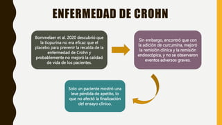 ENFERMEDAD DE CROHN
Bommelaer et al. 2020 descubrió que
la tiopurina no era eficaz que el
placebo para prevenir la recaída de la
enfermedad de Crohn y
probablemente no mejoró la calidad
de vida de los pacientes.
Sin embargo, encontró que con
la adición de curcumina, mejoró
la remisión clínica y la remisión
endoscópica, y no se observaron
eventos adversos graves.
Solo un paciente mostró una
leve pérdida de apetito, lo
que no afectó la finalización
del ensayo clínico.
 