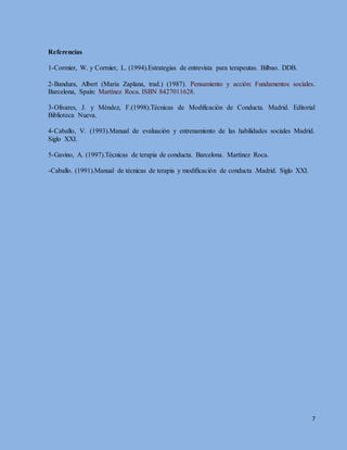 7
Referencias
1-Cormier, W. y Cormier, L. (1994).Estrategias de entrevista para terapeutas. Bilbao. DDB.
2-Bandura, Albert (María Zaplana, trad.) (1987). Pensamiento y acción: Fundamentos sociales.
Barcelona, Spain: Martínez Roca. ISBN 8427011628.
3-Olivares, J. y Méndez, F.(1998).Técnicas de Modificación de Conducta. Madrid. Editorial
Biblioteca Nueva.
4-Caballo, V. (1993).Manual de evaluación y entrenamiento de las habilidades sociales Madrid.
Siglo XXI.
5-Gavino, A. (1997).Técnicas de terapia de conducta. Barcelona. Martínez Roca.
-Caballo. (1991).Manual de técnicas de terapia y modificación de conducta .Madrid. Siglo XXI.
 