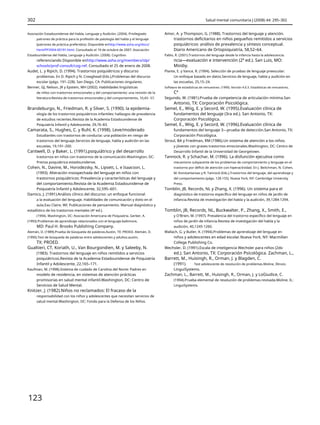 302 Salud mental comunitaria J (2008) 44: 295–302
Asociación Estadounidense del Habla, Lenguaje y Audición. (2004). Privilegiado
patrones de práctica para la profesión de patología del habla y el lenguaje
(patrones de práctica preferidos). Disponible enhttp://www.asha.org/docs/
html/PP2004-00191.html. Consultado el 19 de octubre de 2007. Asociación
Estadounidense del Habla, Lenguaje y Audición. (2008). Cognitivo
referenciando Disponible enhttp://www.asha.org/members/slp/
schools/prof-consult/cog-ref. Consultado el 25 de enero de 2008.
Audet, L. y Ripich, D. (1994). Trastornos psiquiátricos y discurso
problemas. En D. Ripich y N. Creaghead (Eds.),Problemas del discurso
escolar (págs. 191–228). San Diego, CA: Publicaciones singulares.
Benner, GJ, Nelson, JR y Epstein, MH (2002). Habilidades lingüísticas
de niños con trastornos emocionales y del comportamiento: una revisión de la
literatura.Revista de trastornos emocionales y del comportamiento, 10,43– 57.
Brandeburgo, N., Friedman, R. y Silver, S. (1990). la epidemia-
ología de los trastornos psiquiátricos infantiles: hallazgos de prevalencia
de estudios recientes.Revista de la Academia Estadounidense de
Psiquiatría Infantil y Adolescente, 29,76–83.
Camarata, S., Hughes, C. y Ruhl, K. (1998). Leve/moderado
Estudiantes con trastornos de conducta: una población en riesgo de
trastornos del lenguaje.Servicios de lenguaje, habla y audición en las
escuelas, 19,191–200.
Cantwell, D. y Baker, L. (1991).psiquiátrico y del desarrollo
trastornos en niños con trastornos de la comunicación.Washington, DC:
Prensa psiquiátrica estadounidense.
Cohen, N., Davine, M., Horodezsky, N., Lipsett, L. e Isaacson, L.
(1993). Alteración insospechada del lenguaje en niños con
trastornos psiquiátricos: Prevalencia y características del lenguaje y
del comportamiento.Revista de la Academia Estadounidense de
Psiquiatría Infantil y Adolescente, 32,595–601.
Damico, J. (1991).Análisis clínico del discurso: un enfoque funcional
a la evaluación del lenguaje. Habilidades de comunicación y éxito en el
aula.Eau Claire, WI: Publicaciones de pensamiento. Manual diagnóstico y
estadístico de los trastornos mentales (4ª ed.).
(1994). Washington, DC: Asociación Americana de Psiquiatría. Gerber, A.
(1993).Problemas de aprendizaje relacionados con el lenguaje.baltimore,
MD: Paul H. Brooks Publishing Company.
Alemán, D. (1989).Prueba de búsqueda de palabras.Austin, TX: PROED. Alemán, D.
(1990).Test de búsqueda de palabras entre adolescentes y adultos.austin,
TX: PROED.
Gualtieri, CT, Koriath, U., Van Bourgondien, M. y Saleeby, N.
(1983). Trastornos del lenguaje en niños remitidos a servicios
psiquiátricos.Revista de la Academia Estadounidense de Psiquiatría
Infantil y Adolescente, 22,165–171.
Kaufman, M. (1998).Sistema de cuidado de Carolina del Norte: Padres en
modelo de residencia, en sistemas de atención prácticas
promisorias en salud mental infantil.Washington, DC: Centro de
Servicios de Salud Mental.
Knitzer, J. (1982).Niños no reclamados: El fracaso de la
responsabilidad con los niños y adolescentes que necesitan servicios de
salud mental.Washington, DC: Fondo para la Defensa de los Niños.
Amor, A. y Thompson, G. (1988). Trastornos del lenguaje y atención.
trastornos deficitarios en niños pequeños remitidos a servicios
psiquiátricos: análisis de prevalencia y síntesis conceptual.
Diario Americano de Ortopsiquiatría, 58,52–64.
Pablo, R. (2001).Trastornos del lenguaje desde la infancia hasta la adolescencia.
ncia—evaluación e intervención (2ª ed.). San Luis, MO:
Mosby.
Plante, E. y Vance, R. (1994). Selección de pruebas de lenguaje preescolar:
Un enfoque basado en datos.Servicios de lenguaje, habla y audición en
las escuelas, 25,15–24.
Software de estadísticas de remuestreo. (1990). Versión 4.0.3. Estadísticas de remuestreo,
Cª
Segundo, W. (1981).Prueba de competencia de articulación mínima.San
Antonio, TX: Corporación Psicológica.
Semel, E., Wiig, E. y Secord, W. (1995).Evaluación clínica de
fundamentos del lenguaje (3ra ed.). San Antonio, TX:
Corporación Psicológica.
Semel, E., Wiig, E. y Secord, W. (1996).Evaluación clínica de
fundamentos del lenguaje 3—prueba de detección.San Antonio, TX:
Corporación Psicológica.
Stroul, BA y Friedman, RM (1986).Un sistema de atención a los niños.
y jóvenes con graves trastornos emocionales.Washington, DC: Centro de
Desarrollo Infantil de la Universidad de Georgetown.
Tannock, R. y Schachar, M. (1996). La disfunción ejecutiva como
mecanismo subyacente de los problemas de comportamiento y lenguaje en el
trastorno por déficit de atención con hiperactividad. En J. Beitchman, N. Cohen,
M. Konstantareas y R. Tannock (Eds.),Trastornos del lenguaje, del aprendizaje y
del comportamiento (págs. 128-155). Nueva York, NY: Cambridge University
Press.
Tomblin, JB, Records, NL y Zhang, X. (1996). Un sistema para el
diagnóstico de trastorno específico del lenguaje en niños de jardín de
infancia.Revista de investigación del habla y la audición, 39,1284-1294.
Tomblin, JB, Records, NL, Buckwalter, P., Zhang, X., Smith, E.,
y O'Brien, M. (1997). Prevalencia del trastorno específico del lenguaje en
niños de jardín de infancia.Revista de investigación del habla y la
audición, 40,1245-1260.
Wallach, G. y Butler, K. (1994).Problemas de aprendizaje del lenguaje en
niños y adolescentes en edad escolar.Nueva York, NY: Macmillan
College Publishing Co.
Wechsler, D. (1991).Escala de inteligencia Wechsler para niños (2do
ed.). San Antonio, TX: Corporación Psicológica. Zachman, L.,
Barrett, M., Huisingh, R., Orman, J. y Blagden, C.
(1991). Test adolescente de resolución de problemas.Moline, Illinois:
LinguiSystems.
Zachman, L., Barrett, M., Huisingh, R., Orman, J. y LoGiudice, C.
(1994).Prueba elemental de resolución de problemas-revisada.Moline, IL:
LinguiSystems.
123
 