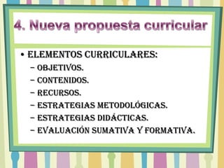 • Elementos curriculares:
  – Objetivos.
  – Contenidos.
  – Recursos.
  – Estrategias metodológicas.
  – Estrategias didácticas.
  – Evaluación sumativa y formativa.
 