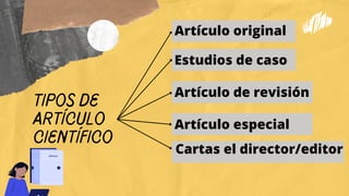 Tipos de
artículo
científico
Artículo original
Estudios de caso
Artículo de revisión
Artículo especial
Cartas el director/editor
 