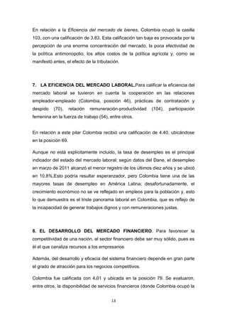 En relación a la Eficiencia del mercado de bienes, Colombia ocupó la casilla
103, con una calificación de 3.83. Esta calificación tan baja es provocada por la
percepción de una enorme concentración del mercado, la poca efectividad de
la política antimonopolio, los altos costos de la política agrícola y, como se
manifestó antes, el efecto de la tributación.




7. LA EFICIENCIA DEL MERCADO LABORAL.Para calificar la eficiencia del
mercado laboral se tuvieron en cuenta la cooperación en las relaciones
empleador-empleado (Colombia, posición 46), prácticas de contratación y
despido    (70),     relación   remuneración-productividad   (104),   participación
femenina en la fuerza de trabajo (54), entre otros.


En relación a este pilar Colombia recibió una calificación de 4.40, ubicándose
en la posición 69.

Aunque no está explícitamente incluido, la tasa de desempleo es el principal
indicador del estado del mercado laboral; según datos del Dane, el desempleo
en marzo de 2011 alcanzó el menor registro de los últimos diez años y se ubicó
en 10.8%.Esto podría resultar esperanzador, pero Colombia tiene una de las
mayores tasas de desempleo en América Latina; desafortunadamente, el
crecimiento económico no se ve reflejado en empleos para la población y, esto
lo que demuestra es el triste panorama laboral en Colombia, que es reflejo de
la incapacidad de generar trabajos dignos y con remuneraciones justas.




8. EL DESARROLLO DEL MERCADO FINANCIERO. Para favorecer la
competitividad de una nación, el sector financiero debe ser muy sólido, pues es
él el que canaliza recursos a los empresarios.

Además, del desarrollo y eficacia del sistema financiero depende en gran parte
el grado de atracción para los negocios competitivos.

Colombia fue calificada con 4.01 y ubicada en la posición 79. Se evaluaron,
entre otros, la disponibilidad de servicios financieros (donde Colombia ocupó la


                                         13
 