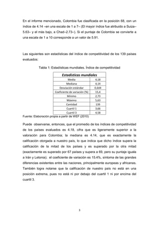 En el informe mencionado, Colombia fue clasificada en la posición 68, con un
índice de 4.14 –en una escala de 1 a 7– (El mayor índice fue atribuido a Suiza–
5.63– y el más bajo, a Chad–2.73–). Si el puntaje de Colombia se convierte a
una escala de 1 a 10 corresponde a un valor de 5.91.




Las siguientes son estadísticas del índice de competitividad de los 139 países
evaluados:

             Tabla 1: Estadísticas mundiales. Índice de competitividad

                              Estadísticas mundiales
                                   Media               4,18
                                 Mediana               4,14
                           Desviación estándar         0,644
                        Coeficiente de variación (%)   15,4
                                  Mínimo               2,73
                                  Máximo               5,63
                                 Cantidad               139
                                  Cuartil 1            3,66
                                  Cuartil 3            4,58
Fuente: Elaboración propia a partir de WEF (2010)

Puede observarse, entonces, que el promedio de los índices de competitividad
de los países evaluados es 4.18, cifra que es ligeramente superior a la
valoración para Colombia; la mediana es 4.14, que es exactamente la
calificación otorgada a nuestro país, lo que indica que dicho índice supera la
calificación de la mitad de los países y es superado por la otra mitad
(exactamente es superado por 67 países y supera a 69, pero su puntaje iguala
a Irán y Letonia); el coeficiente de variación es 15.4%, síntoma de las grandes
diferencias existentes entre las naciones, principalmente europeas y africanas.
También logra notarse que la calificación de nuestro país no está en una
posición extrema, pues no está ni por debajo del cuartil 1 ni por encima del
cuartil 3.




                                            3
 