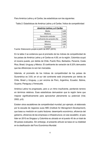 Para América Latina y el Caribe, las estadísticas son las siguientes:

 Tabla 2: Estadísticas de América Latina y el Caribe. Índice de competitividad

                            América Latina y el Caribe
                                      Media               4,00
                                     Mediana              3,99
                               Desviación estándar        0,33
                           Coeficiente de variación (%)   8,32
                                     Mínimo               3,48
                                     Máximo               4,69
                                     Cantidad              23
Fuente: Elaboración propia a partir de WEF (2010)

En la tabla 2 se evidencia que el promedio de los índices de competitividad de
los países de América Latina y el Caribe es 4.00; en la región, Colombia ocupó
el noveno puesto, por detrás de Chile, Puerto Rico, Barbados, Panamá, Costa
Rica, Brasil, Uruguay y México. El coeficiente de variación de 8.32% demuestra
que las diferencias no son tan marcadas.

Además, el promedio de los índices de competitividad de los países de
Suramérica es 3.93; en el sur del continente está únicamente por detrás de
Chile, Brasil y Uruguay, y por encima de Perú, Argentina, Ecuador, Bolivia,
Guyana, Paraguay y Venezuela.

América Latina ha progresado, pero a un ritmo insuficiente, perdiendo terreno
en términos relativos. Esas estadísticas demuestran que la región tiene que
mejorar significativamente para aprovechar plenamente su potencial (Vial,
2002, p.6).

Existen otros escalafones de competitividad mundial; por ejemplo, el elaborado
por la escuela de negocios suiza IMD (Institute for Managment Development),
que basa su medición en cuatro factores: desempeño económico, eficiencia del
gobierno, eficiencia de las empresas e infraestructura; en ese escalafón, el país
líder en 2010 es Singapur y Colombia es ubicado en el puesto 45 de un total de
58 países evaluados. Sin embargo, el presente artículo se basa en su totalidad
en la clasificación del Foro Económico Mundial.


                                            4
 