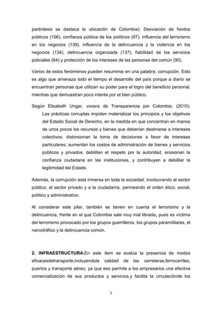 paréntesis se destaca la ubicación de Colombia): Desviación de fondos
públicos (106), confianza pública de los políticos (97), influencia del terrorismo
en los negocios (139), influencia de la delincuencia y la violencia en los
negocios (134), delincuencia organizada (137), fiabilidad de los servicios
policiales (64) y protección de los intereses de las personas del común (90).

Varios de estos fenómenos pueden resumirse en una palabra: corrupción. Esto
es algo que amenaza todo el tiempo el desarrollo del país porque a diario se
encuentran personas que utilizan su poder para el logro del beneficio personal,
mientras que demuestran poco interés por el bien público.

Según Elisabeth Ungar, vocera de Transparencia por Colombia, (2010):
     Las prácticas corruptas impiden materializar los principios y los objetivos
     del Estado Social de Derecho, en la medida en que concentran en manos
     de unos pocos los recursos y bienes que deberían destinarse a intereses
     colectivos; distorsionan la toma de decisiones a favor de intereses
     particulares; aumentan los costos de administración de bienes y servicios
     públicos y privados; debilitan el respeto por la autoridad, erosionan la
     confianza ciudadana en las instituciones, y contribuyen a debilitar la
     legitimidad del Estado.

Además, la corrupción está inmersa en toda la sociedad, involucrando al sector
público, al sector privado y a la ciudadanía, permeando el orden ético, social,
político y administrativo.

Al considerar este pilar, también se tienen en cuenta el terrorismo y la
delincuencia, frente en el que Colombia sale muy mal librada, pues es víctima
del terrorismo provocado por los grupos guerrilleros, los grupos paramilitares, el
narcotráfico y la delincuencia común.




2. INFRAESTRUCTURA.En este ítem se evalúa la presencia de modos
eficacesdetransporte,incluyendola    calidad   de   las   carreteras,ferrocarriles,
puertos y transporte aéreo, ya que eso permite a los empresarios una efectiva
comercialización de sus productos y servicios,y facilita la circulaciónde los


                                        7
 
