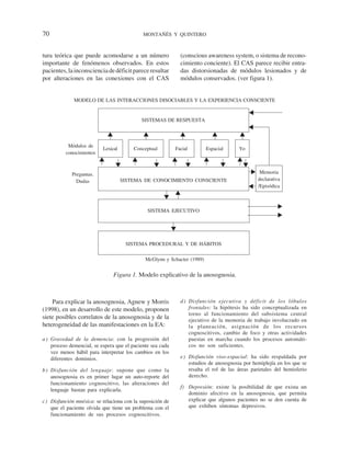 70                                           MONTAÑÉS Y QUINTERO



tura teórica que puede acomodarse a un número                 (conscious awareness system, o sistema de recono-
importante de fenómenos observados. En estos                  cimiento conciente). El CAS parece recibir entra-
pacientes, la inconsciencia de déficit parece resultar        das distorsionadas de módulos lesionados y de
por alteraciones en las conexiones con el CAS                 módulos conservados. (ver figura 1).


              MODELO DE LAS INTERACCIONES DISOCIABLES Y LA EXPERIENCIA CONSCIENTE


                                            SISTEMAS DE RESPUESTA



           Módulos de
                           Lexical       Conceptual         Facial        Espacial      Yo
          conocimientos



             Preguntas.                                                                          Memoria
               Dudas                 SISTEMA DE CONOCIMIENTO CONSCIENTE                         declarativa
                                                                                                /Episódica



                                               SISTEMA EJECUTIVO




                                      SISTEMA PROCEDURAL Y DE HÁBITOS

                                              McGlynn y Schacter (1989)


                                Figura 1. Modelo explicativo de la anosognosia.



    Para explicar la anosognosia, Agnew y Morris              d ) Disfunción ejecutiva y déficit de los lóbulos
(1998), en un desarrollo de este modelo, proponen                 frontales: la hipótesis ha sido conceptualizada en
                                                                  torno al funcionamiento del subsistema central
siete posibles correlatos de la anosognosia y de la               ejecutivo de la memoria de trabajo involucrado en
heterogeneidad de las manifestaciones en la EA:                   la planeación, asignación de los recursos
                                                                  cognoscitivos, cambio de foco y otras actividades
a ) Gravedad de la demencia: con la progresión del                puestas en marcha cuando los procesos automáti-
    proceso demencial, se espera que el paciente sea cada         cos no son suficientes.
    vez menos hábil para interpretar los cambios en los
    diferentes dominios.                                      e) Disfunción viso-espacial: ha sido respaldada por
                                                                 estudios de anosognosia por hemiplejía en los que se
b ) Disfunción del lenguaje: supone que como la                  resalta el rol de las áreas parietales del hemisferio
    anosognosia es en primer lugar un auto-reporte del           derecho.
    funcionamiento cognoscitivo, las alteraciones del
                                                              f) Depresión: existe la posibilidad de que exista un
    lenguaje bastan para explicarla.
                                                                 dominio afectivo en la anosognosia, que permita
c) Disfunción mnésica: se relaciona con la suposición de         explicar que algunos pacientes no se den cuenta de
   que el paciente olvida que tiene un problema con el           que exhiben síntomas depresivos.
   funcionamiento de sus procesos cognoscitivos.
 