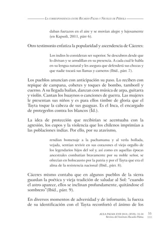 55
La correspondencia entre Ricardo Palma y Nicolás de Piérola
AULA PALMA XVII 2018, (XVII): 35-58
Revista del Instituto R...