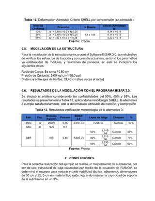 Tabla 12. Deformación Admisible Criterio SHELL por comprensión (εz admisible).
Fuente: Propia
6.5. MODELACIÓN DE LA ESTRUCTURA
Para la modelación de la estructura se incorporó el Software BISAR 3.0, con el objetivo
de verificar los esfuerzos de tracción y compresión actuantes, se tomó los parámetros
ya establecidos de módulos, y relaciones de poissons, en este se incorpora los
siguientes datos:
Radio de Carga: Se toma 10,80 cm
Presión de Contacto: 5,60 kg/ cm2 (80,0 psi)
Distancia entre ejes de llantas: 32,40 cm (tres veces el radio)
6.6. RESULTADOS DE LA MODELACIÓN CON EL PROGRAMA BISAR 3.0.
Se efectuó el análisis considerando las confiabilidades del 50%, 85% y 95%. Los
resultados se presentan en la Tabla 13, aplicando la metodología SHELL, la alternativa
3 cumple satisfactoriamente, con la deformación admisible de tracción, y compresión
Tabla 13. Resultados verificación metodología de la alternativa 3.
Estr. Esp.
Módulos
(kg/cm2
)
Poisson
BISAR
3,0
Leyes de fatiga Chequeo %
MDC 12 28000 0,35 2,81E-04 4,22E-04 Cumple 67%
SBG 40 1429 0,4
SBR 468 0,45 4,83E-04
50%
8,14E-
04
Cumple 59%
85%
6,11E-
04
Cumple 79%
95%
5,23E-
04
Cumple 92%
Fuente: Propia
7. CONCLUSIONES
Para la correcta realización del ejemplo se realizó un mejoramiento de subrasante, por
ser de una estructural de baja capacidad por medio de la ecuación de IVANOV, se
determinó el espesor para mejorar y darle viabilidad técnica, obteniendo dimensiones
de 30 cm y 22, 5 cm en material tipo rajón, logrando mejorar la capacidad de soporte
de la subrasante en un 3%.
Nivel de
Confianza
Ecuación N Diseño
Valores Admisibles
εz
50% εz = 2,80 x 10-2 x N-0,25
1,4 x 106
8,14 x 10 -4
85% εz = 2,10 x 10-2 x N-0,25 6,11 x 10 -4
95% εz =1,80 x 10-2 x N-0,25 5,23 x 10 -4
 