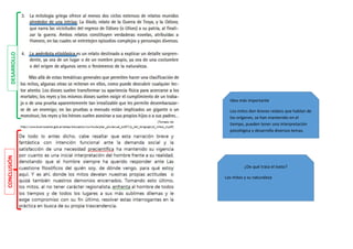 CONCLUSIÓN
DESARROLLO
¿De qué trata el texto?
Los mitos y su naturaleza
Idea más importante
Los mitos don breves relatos que hablan de
los orígenes, se han mantenido en el
tiempo, pueden tener una interpretación
psicológica y desarrolla diversos temas.