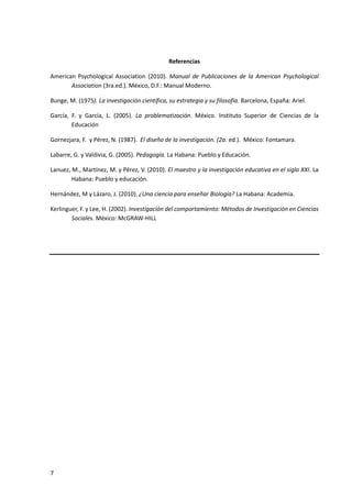 7
Referencias
American Psychological Association (2010). Manual de Publicaciones de la American Psychological
Association (3ra.ed.). México, D.F.: Manual Moderno.
Bunge, M. (1975). La investigación científica, su estrategia y su filosofía. Barcelona, España: Ariel.
García, F. y García, L. (2005). La problematización. México. Instituto Superior de Ciencias de la
Educación
Gornezjara, F. y Pérez, N. (1987). El diseño de la investigación. (2a. ed.). México: Fontamara.
Labarre, G. y Valdivia, G. (2005). Pedagogía. La Habana: Pueblo y Educación.
Lanuez, M., Martínez, M. y Pérez, V. (2010). El maestro y la investigación educativa en el siglo XXI. La
Habana: Pueblo y educación.
Hernández, M y Lázaro, J. (2010). ¿Una ciencia para enseñar Biología? La Habana: Academia.
Kerlinguer, F. y Lee, H. (2002). Investigación del comportamiento: Métodos de Investigación en Ciencias
Sociales. México: McGRAW-HILL
 