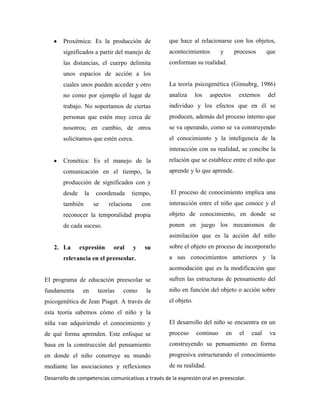 Desarrollo de competencias comunicativas a través de la expresión oral en preescolar.
Proxémica: Es la producción de
significados a partir del manejo de
las distancias, el cuerpo delimita
unos espacios de acción a los
cuales unos pueden acceder y otro
no como por ejemplo el lugar de
trabajo. No soportamos de ciertas
personas que estén muy cerca de
nosotros; en cambio, de otros
solicitamos que estén cerca.
Cronética: Es el manejo de la
comunicación en el tiempo, la
producción de significados con y
desde la coordenada tiempo,
también se relaciona con
reconocer la temporalidad propia
de cada suceso.
2. La expresión oral y su
relevancia en el preescolar.
El programa de educación preescolar se
fundamenta en teorías como la
psicogenética de Jean Piaget. A través de
esta teoría sabemos cómo el niño y la
niña van adquiriendo el conocimiento y
de qué forma aprenden. Este enfoque se
basa en la construcción del pensamiento
en donde el niño construye su mundo
mediante las asociaciones y reflexiones
que hace al relacionarse con los objetos,
acontecimientos y procesos que
conforman su realidad.
La teoría psicogenética (Ginsubrg, 1986)
analiza los aspectos externos del
individuo y los efectos que en él se
producen, además del proceso interno que
se va operando, como se va construyendo
el conocimiento y la inteligencia de la
interacción con su realidad, se concibe la
relación que se establece entre el niño que
aprende y lo que aprende.
El proceso de conocimiento implica una
interacción entre el niño que conoce y el
objeto de conocimiento, en donde se
ponen en juego los mecanismos de
asimilación que es la acción del niño
sobre el objeto en proceso de incorporarlo
a sus conocimientos anteriores y la
acomodación que es la modificación que
sufren las estructuras de pensamiento del
niño en función del objeto o acción sobre
el objeto.
El desarrollo del niño se encuentra en un
proceso continuo en el cual va
construyendo su pensamiento en forma
progresiva estructurando el conocimiento
de su realidad.
 