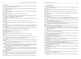146                                                        BOLETÍN DEL MUSEO NACIONAL DE HISTORIA NATURAL                   STEHBERG y SOTOMAYOR / Mapocho Incaico                                                                            147



FIGUEROA, G.                                                                                                                        Architects, RIBA 17.
1958 	 Cerámica de los sitios arqueológicos “Piedra Numerada” y “Cerro El Plomo”. Centro de Estudios Antropológi-           MILLONES, L. y R, SCHAEDEL
        cos. Universidad de Chile. Publicación 4: 73-81.                                                                    1980 	 Plumas para el sol: comentarios de un documento sobre cazadores y cotos de caza en el antiguo Perú. En: Bull.
GARCÍA, R.                                                                                                                          Inst. Fr. Et. And. IX(1-2): 59-88.
2010 	 Subsuelo del Museo de Arte Precolombino revela sorprendente patrimonio arqueológico. Diario El Mercurio              MOSTNY, G.
        (Chile) 26.09.2010: A13.                                                                                            1947 	 Un cementerio incásico en Chile Central. Boletín del Museo Nacional de Historia Natural (Chile) 23: 17-41.
GONZÁLEZ, C.                                                                                                                MOSTNY, G.
2000 	 Comentarios arqueológicos sobre la problemática inca en Chile Central. Boletín de la Sociedad Chilena de             1957 	 La Momia del Cerro El Plomo. Boletín del Museo Nacional de Historia Natural (Chile) 27(1). 180 pgs.
        Arqueología 29: 39-50.                                                                                              MOSTNY, G.
GREVE, E.                                                                                                                   1963 	 Hallazgo arqueológico en el centro de Santiago. Noticiario Mensual del Museo Nacional de Historia Natural
1938 	 Historia de la Ingeniería en Chile. Tomo II. Imprenta Universitaria (Chile).                                                 (Chile) 84: 1,2.
GREVE, E.                                                                                                                   MOSTNY, G.
1953 	 El conquistador Francisco de Aguirre. Comentarios y complementos al libro del Presbítero Luis Silva Lezaeta.         1971 	 Prehistoria de Chile. Editorial Universitaria. Primera Edición. Cormorán. 180 pgs.
        Fondo Histórico y Bibliográfico J. T. Medina. Santiago de Chile.                                                    MUÑOZ CORREA, J. G.
HERMOSILLA, N., C. GONZÁLEZ y D. BAUDET                                                                                     2006 	 Viñas en la traza de Santiago del Nuevo Extremo y chacras colindantes (Siglos XVI-XVII). Revista de Historia
2002-2005 Sitio Peldehue: rescate de un contexto funerario Inka en un sitio habitacional Aconcagua. Xama 15-18:                     Social y de las Mentalidades. En: Departamento de Historia Universidad de Santiago de Chile 10(1): 121-177.
        263-278.                                                                                                            ODONE, C.
HOUSSE, R.                                                                                                                  1997 	 El valle de Chada: la construcción colonial de un espacio indígena de Chile Central. En Revista de Historia,
1960	 Cementerios indígenas en el Centro de Chile. Revista Universitaria (Chile) 44-45:¬ 47-56.                                     Pontificia Universidad Católica 30: 191-194.
HUNEEUS, A.                                                                                                                 PRIETO, C., J. BAEZA, F. RIVERA, C. SOLERVICENS Y P. RIVAS.
Sin fecha. Historia de las polémicas de Indias en Chile durante el siglo XVI. 1536-1598. Editorial Jurídica de Chile.       2006	 Estudios cerámicos de la Catedral Metropolitana. Aportes a la Arqueología Histórica de Santiago. Pp. 1025. En:
        152 pgs.                                                                                                                    Actas XVII Congreso Nacional de Arqueología Chilena, Tomo II, Valdivia.
IGLESIAS, M.                                                                                                                PROTZEN, J.P.
2000 	 En nombre de Dios, por nuestras inteligencias, me pertenece la mitad y mi última voluntad... mujeres chilenas        2008 	 Arquitectura y construcción. Incas en Ollantaytambo. Fondo Editorial. Universidad Católica del Perú. 391 pgs.
        del siglo XVII a través a través de sus testamentos. Revista de Historia Social y de las Mentalidades 4: 177-195.   PRADO, C., J. SANHUEZA V. REYES. y M. HENRÍQUEZ
IZQUIERDO, C.                                                                                                               2010 	 Análisis morfo-funcional de estructuras para el aprovisionamiento y manejo del agua, en uso en la ciudad de
1982 	 La tenencia de las tierras entre los ríos Clarillo y Maipo desde 1542 hasta 1700. Tesis para optar al grado de               Santiago durante la época colonial y republicana. Actas del XVI Congreso Nacional de Arqueología Chilena.
        Licenciado en Historia. Universidad Católica de Chile, 1982. Apéndice Documental.                                           Valdivia. Tomo II: 999-1009.
KELLER, C.                                                                                                                  RAFFINO, R.
1960 	 Los orígenes de Quillota. Boletín de la Academia Chilena de la Historia. Santiago.                                   1981	 Los Inkas del Kollasuyu. Origen, naturaleza y transfiguraciones de la ocupación Inka en los Andes Meridio-
LARRAÍN DE CASTRO, C.                                                                                                               nales. Ramos Americana Editora. Argentina. 301 pgs.
1952 	 Historia de Las Condes, Santiago, Editorial Nascimiento.                                                             REYES, F.
LATCHAM, R.                                                                                                                 1958 	 Informe sobre construcciones en la cumbre del Cerro El Plomo y sus alrededores. Centro de Estudios Antro-
1928 	 La alfarería indígena chilena. Sociedad Impresora y Litográfica Universo. Santiago, 226 pgs.                                 pológicos. Universidad de Chile. Publicación 4: 64-72.
LEÓN, L.                                                                                                                    REYES, V., M. HENRÍQUEZ y J. SANHUEZA
1983 	 Expansión inca y resistencia indígena en Chile, 1470-1536. Revista Chungará (Chile) 10: 95-115.                      2005 	 Cementerio incaico Estación Quinta Normal, Línea 5 del Metro de Santiago. Pp. 655-664. Actas del XVI Con-
LEÓN, L.                                                                                                                            greso Nacional de Arqueología Chilena:, Concepción.
1991 	 La merma de la sociedad indígena en Chile Central y la última guerra de los promaucaes, 1541-1558. Intitute          RODRÍGUEZ, H.
        of Amerindian Studies. University of St. Andrews, Scotland. 1991. 106 pgs.                                          2010a 	 De campamento a ciudad. 1541-164. PP. 36-59. En: Santiago de Chile. Catorce mil años. Edición Bicentenario.
LILLO, G., DE.                                                                                                                      Museo Chileno de Arte Precolombino y Banco Santander. 305 pgs.
1941-42 Mensura General de Tierras de Ginés de Lillo. 1602-1605. Tomo I. Imprenta Universitaria. Santiago de Chile.         RODRÍGUEZ, H.
LOOSER, G.                                                                                                                  2010b 	 Plenitud colonial, barroco y neoclásico. PP. 81-121. En: Santiago de Chile. Catorce mil años. Edición Bicente-
1927 	 Algunos vasos Aríbalos y Aribaloides de Chile y límite austral de su área de dispersión. Publicaciones del Mu-               nario. Museo Chileno de Arte Precolombino y Banco Santander. 305 pgs.
        seo de Etnología y Antropología de Chile 4(3-4): 297-303.                                                           RODRÍGUEZ, H., I NOEMI, J. L. CERVA, O. ESPINOZA-NAVARRO, M.E. CASTRO y M. CASTRO
MADRID, J.                                                                                                                  2011	 Analisis paleoparasitológico de la musculatura esqueletica de la momia del cerro El Plomo, Chile: Trichinella
1964 	 Informes preliminares de exploraciones arqueológicas realizadas por la sociedad de “Amigos de la Arqueología                 sp. Revista Chungará (Chile) 43(1): 581,588.
        de Santiago”. Pp. 177-189. En: Arqueología de Chile Central y Áreas Vecinas. Publicación de los trabajos pre-       ROSALES, D. DE.
        sentados al Tercer Congreso Internacional de Arqueología de Viña del Mar. Santiago..                                1989 Historia General del Reino de Chile Flandes Indiano. Segunda edición revisada por Mario Góngora. Editorial
MADRID, J. y A. GORDON                                                                                                              Andrés Bello. Tomo 1, 687 pgs.
1964 	 Reconocimiento del sitio Jardín del Este, Vitacura, Provincia de Santiago. Arqueología de Chile Central y Áreas      ROSALES, J.A.
        Vecinas. Pp. 185-189. Publicación de los trabajos presentados al Tercer Congreso Internacional de Arqueología       1948 La Chimba antigua. La Cañadilla de Santiago (1541-1887). Colección Letras Chilenas. Editorial Difusión Chile-
        de Viña del Mar. Santiago.                                                                                                  na. 95 pgs.
MARIÑO DE LOBERA, P.                                                                                                        RUIZ, C.
1865 	 Crónica del Reino de Chile. Colección de historiadores de Chile, Tomo VI. Imprenta del Ferrocarril. Santiago.        2006 	 Mucho y muy buen vino. Producción vitivinícola en la zona norte de Santiago (siglos XVI-XVIII). Revista de
MARTÍNEZ, J. L.                                                                                                                     Historia Social y de las Mentalidades. 10(1): 55-92.
1998 	 Pueblos del Chañar y El Algarrobo. Los Atacamas en el Siglo XVII. Colección de Antropología. Volumen V.              SÁNCHEZ, R.
        Centro de Investigaciones Diego Barros Arana, Dirección de Bibliotecas, Archivos y Museos. Santiago.                2004 	 El Tawantinsuyu en Aconcagua (Chile Central). Chungará (Arica) 36(2): 1-14. Versión On-line ISSN 0717-
MARTÍNEZ, R.                                                                                                                        7356.
2003 	 El modelo clásico de ciudad colonial hispanoamericana. Journal of Architecture. Royal Institute of British
 