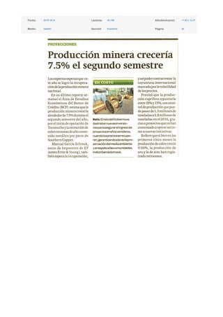 Producción minera crecería 7.5% el segundo semestre