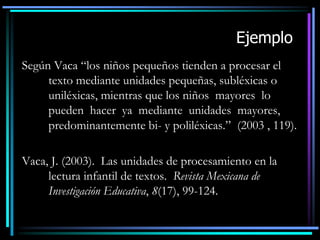 Ejemplo
Según Vaca “los niños pequeños tienden a procesar el
texto mediante unidades pequeñas, subléxicas o
uniléxicas, mientras que los niños mayores lo
pueden hacer ya mediante unidades mayores,
predominantemente bi- y poliléxicas.” (2003 , 119).
Vaca, J. (2003). Las unidades de procesamiento en la
lectura infantil de textos. Revista Mexicana de
Investigación Educativa, 8(17), 99-124.

 