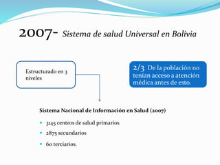  3145 centros de salud primarios
 2875 secundarios
 60 terciarios.
2007- Sistema de salud Universal en Bolivia
2/3 De la población no
tenían acceso a atención
médica antes de esto.
Estructurado en 3
niveles
Sistema Nacional de Información en Salud (2007)
 