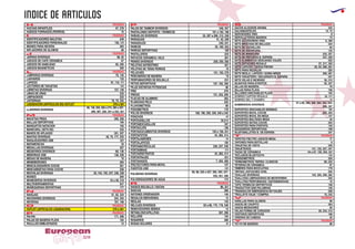 INDICE DE ARTICULOS
European
GiftsGifts13/14
PAGINAS
HUCHAS INFANTILES 97, 278
HUESOS FORRADOS (PERROS) 75
PAGINAS
IDENTIFICADORES MALETAS 249
IDENTIFICADORES PERSONALES 130, 131
IMANES PARA NEVERA 363
INFLADORES DE GLOBOS 89
PAGINAS
JARRAS DIVERSAS 68, 82
JUEGOS DE CAFÉ CERAMICA 67
JUEGOS DE HABILIDAD 92, 293
JUEGOS MAGNETICOS 293
PAGINAS
LAMPARAS DIVERSAS 70, 145
LANYARDS 133
LAPICES 91, 110, 111
LECTORES DE TARJETAS 141
LIBRETAS DIVERSAS 127, 128
LIMAS DE UÑAS 232
LIMPIAOIDOS 223
LINTERNAS 78, 79, 255
LIQUIDACION (ARTICULOS EN) OUTLET 370 a 381
PAGINAS
MACETAS PINZA 290, 326
MALLAS DEPORTIVAS 194
MANGUITOS NATACION 162
MANICURA ( SETS DE) 233
MANOS DE APLAUSO 351, 357
MANTAS DIVERSAS 40, 75, 177, 252
MASAJEADORES USB 221
MATAMOSCAS 33
MEDALLAS DIVERSAS 307
MEDIDORES DIVERSOS 80, 136
MEMORIAS USB 138, 328
MESAS DE MADERA 70
MINIBIBERONES 284
MINICALENDARIOS COCHE 361
MINICAMISETAS PARA COCHE 258
MOCHILAS DIVERSAS 29, 104, 105, 247, 248, 338
MOISES 284
MONEDEROS DIVERSOS 44 a 48, 318
MULTIHERRAMIENTAS 257
MUÑEQUERAS DEPORTIVAS 177
PAGINAS
NAVAJAS 61, 62, 324
NECESERES DIVERSOS 224, 253
NEVERAS 167, 168
PAGINAS
OUTLET (ARTICULOS LIQUIDACION) 370 a 381
PAGINAS
PAI-PAI 171, 306
PALAS DE MADERA PLAYA 164
PALILLOS EMBLISTADOS 15
LLAVEROS DIVERSOS
99, 136, 250, 260 a 274, 285 a 287,
290, 307, 326, 331 a 333, 351
PAGINAS
PALOS DE TAMBOR DIVERSOS 348, 357
PANTALONES DEPORTE / TERMICOS 191 a 193, 198
PAÑUELOS DIVERSOS 35, 297 a 299, 315, 338
PARAGUAS 41, 42, 338
PARASOLES 240, 241
PAREOS 35, 169, 323
PARKAS DEPORTIVAS 190
PASTILLEROS 223
PATUCOS CERAMICA / HILO 291
PEINES DIVERSOS 229, 230, 292
PELOTAS ANTIESTRES 351
PELOTAS DE TENIS PERROS 75
PELUCHES 101, 102, 279
PERCHEROS DE MADERA 72
PERFUMADORES DE BOLSILLO 231
PETOS DEPORTIVOS 107, 182, 358
PILAS DISTINTAS POTENCIAS 86
PINS 276
PINZAS 131, 233, 256
PLACAS DE ALUMINIO 363
PLANCHAS PELO 233
PLUVIOMETROS 80
PODOMETROS 178
POLOS DIVERSOS 189, 190, 295, 339, 340 a 342
PONCHOS 41
PORTAANILLOS 34,314
PORTABOCADILLOS 167
PORTACLIPS 128
PORTADOCUMENTOS DIVERSOS 150 a 158, 251
PORTAFOTOS 34, 283, 314
PORTAJAMONES 14
PORTALAPICES 126
PÒRTAMATRICULAS 236, 237, 238
PORTAMINAS 111
PORTARRETRATOS 34, 283, 314
PORTATRAJES 251
PORTAVASOS 7, 303, 309
PROTECTORES PARA MOVIL 137
PUERTOS USB 141
PULVERIZADORES DE AGUA 174
PAGINAS
RADIOS BOLSILLO / DUCHA 86, 321
RASCAS 368
RATONES ORDENADOR 140
REGALOS BIENVENIDA 15
REGLAS 143
RELOJES DIVERSOS 83 a 86, 175, 178, 348
REMOVEDORES BEBIDA 13
RETABLOS/CAPILLITAS 307, 308
ROLLERS 124
ROSARIOS 308
ROSAS SOLARES 31
PULSERAS DIVERSAS
90, 98, 225 a 227, 282, 293, 327,
333, 351, 356
PAGINAS
SACOS ALGODÓN AROMA 234
SALVAMANTELES 13, 72
SERVIDORES VINO 8
SERVILLETEROS MADERA 73
SETS ACCESORIOS VINO 6, 309
SETS BROCHAS DE BELLEZA 234
SETS DE CUCHILLOS 63
SETS DE ESCRITURA 125
SETS DE MANICURA 233, 327
SETS DE PINTURAS B. ESPAÑA 337, 350
SETS ELEMENTOS DESCANSO VIAJES 252
SETS ESTUCHES REGALO 37, 317, 325
SETS LAPICES / CERAS PINTAR 93, 94, 280, 281
SETS PARA REGALOS 325
SETS REGLA, LAPICES / GOMA NIÑOS 280, 281
SETS TARJETERO / BOLIGRAFO B. ESPAÑA 347
SETS VELAS E INCIENSO 30, 312
SILBATOS PARA EVENTOS 92, 357
SILLAS DE MADERA 70
SILLAS PARA PLAYA 166
SILLONES HINCHABLES PLAYA 162
SOPORTES HINCHABLES BEBIBAS 161
SOPORTES MOVIL COCHE 254, 255
SOPORTES MOVIL EN MESA 137
SOPORTES MULTIUSO MESA 33
SOPORTES NOTAS COCHE 254
SOPORTES PARA PORTATIL 140
SUDADERAS DEPORTIVAS 199
SUJETABILLETES B.. DE ESPAÑA 347
PAGINAS
TAPETES FIELTRO JUEGOS MESA 77
TAPONES PARA BOTELLAS 8
TARJETAS DE VISITA 359
TARJETEROS 131, 132, 327, 347
TAZAS DE CERAMICA 64 a 67, 100, 294, 321
TECLADOS BLUETOOTH 141
TENSIOMETROS 222
TERMOMETROS TIERRA / CLINICOS 80, 222
TETERAS DE CERAMICA 67
TIMBRES PARA BICICLETAS 179
TIRITAS ( ESTUCHES CON) 222
TOALLAS DIVERSAS 103, 205, 206, 282
TOALLITAS LIMPIADORAS DE MICROFIBRA 232
TOALLITAS PERFUMADAS / QUITAMANCHAS 15
TOPS TERMICOS DEPORTIVOS 199
TRADUCTOR 5000 PALABRAS 129
TRIANGULOS EMERGENCIA EN VIAJES 258
TROLLEYS VIAJE / COMPRA 16, 242
PAGINAS
VARILLAS PARA GLOBOS 89
VASOS DE CHUPITO 303
VASOS MEDIDORES 82
VELAS FORMA DE CORAZON 30, 234, 312
VESTIDOS DEPORTIVOS 196
VISERAS DE CABEZA 55
PAGINAS
YO-YO DE MADERA 89
SOMBREROS DIVERSOS
57 a 60, 299, 300, 304, 323, 324,
336, 337
SOBRES CARTON REGALO 28, 311
SOBRES GEL Y CHAMPU 15
H P S
T
V
Y
R
I
J
L
M
N
O
P
 