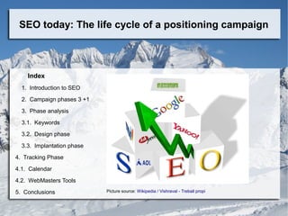 SEO today: The life cycle of a positioning campaign
Index
1. Introduction to SEO
2. Campaign phases 3 +1
3. Phase analysis
3.1. Keywords
3.2. Design phase
3.3. Implantation phase
4. Tracking Phase
4.1. Calendar
4.2. WebMasters Tools
5. Conclusions Picture source: Wikipedia / Vishraval - Treball propi
 