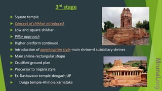3rd stage
 Square temple
 Concept of shikhar introduced
 Low and square shikhar
 Pillar approach
 Higher platform continued
 Introduction of panchayatan style-main shrine+4 subsidiary shrines
 Main shrine-rectangular shape
 Crucified ground plan
 Precursor to nagara style
 Ex-Dashavatar temple-deogarh,UP
 Durga temple-Ahihole,karnataka
 