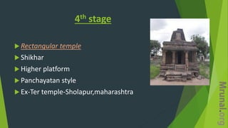 4th stage
 Rectangular temple
 Shikhar
 Higher platform
 Panchayatan style
 Ex-Ter temple-Sholapur,maharashtra
 