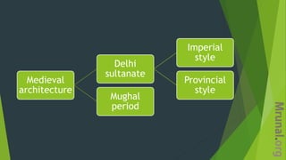 Medieval
architecture
Delhi
sultanate
Imperial
style
Provincial
style
Mughal
period
 