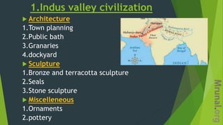 1.Indus valley civilization
 Architecture
1.Town planning
2.Public bath
3.Granaries
4.dockyard
 Sculpture
1.Bronze and terracotta sculpture
2.Seals
3.Stone sculpture
 Miscelleneous
1.Ornaments
2.pottery
 