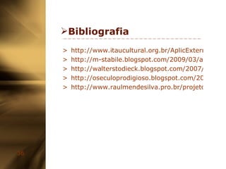Bibliografia http://www.itaucultural.org.br/AplicExternas/enciclopedia_IC/index.cfm?fuseaction=termos_texto&cd_verbete=352 http://m-stabile.blogspot.com/2009/03/arts-decoratifs-style-1925_02.html http://walterstodieck.blogspot.com/2007/07/estilos-art-dco.html http://oseculoprodigioso.blogspot.com/2005/03/tamara-de-lempicka-art-deco.html http://www.raulmendesilva.pro.br/projetobrasil/pag005.shtml 