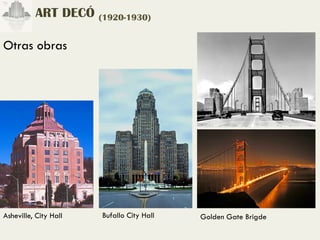 ART DECÓ (1920-1930)

Otras obras




Asheville, City Hall   Bufallo City Hall   Golden Gate Brigde
 