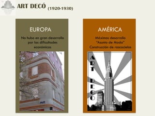 ART DECÓ (1920-1930)


      EUROPA                       AMÉRICA
 No hubo en gran desarrollo      Máximos desarrollo
     por las dificultades         “Asunto de Moda”
         económicas           Construcción de rascacielos
 