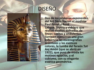 María Cano (Medellín, 1887 - abril 26 de 1967) La Flor del Trabajo, primera mujer líder política en Colombia, dirigió la lucha por los derechos civiles fundamentales de la población y por los derechos de los trabajadores asalariados;DISEÑODos de los primeros exponentes del Art Déco fueron el modisto Paul Poiret y René Lalique, joyero y vidriero que realizó diseños delicados de líneas sueltas y ondulantes. También ejercieron una gran influencia las escenografías orientales y los exóticos colores, la tumba del faraón TutAnj Amón (que se abrió en 1922), que puso de moda los motivos egipcios, y el cubismo, con su elegante estética geométrica. El vestido de novia de la Condesa Von Bismarck en 1925 fue de las primeras manifestaciones de los cambios que estaba sufriendo la moda en torno a los años veinte. Por primera vez las novias no debían reponer al modelo clásico de elegancia y pureza para entrar a la iglesia sino que las espaldas desnudas y los trajes en forma tubular, que no marcaban las curvas femeninas, fueron ganando más espacio en las bodas de la época.