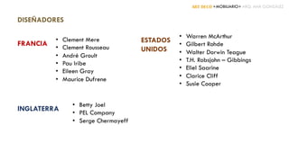 ART DECÓ +MOBILIARIO+ ARQ. ANA GONZÁLEZ
DISEÑADORES
• Clement Mere
• Clement Rousseau
• André Groult
• Pau Iribe
• Eileen Gray
• Maurice Dufrene
FRANCIA
• Betty Joel
• PEL Company
• Serge Chermayeff
INGLATERRA
• Warren McArthur
• Gilbert Rohde
• Walter Dorwin Teague
• T.H. Robsjohn – Gibbings
• Eliel Saarine
• Clarice Cliff
• Susie Cooper
ESTADOS
UNIDOS
 