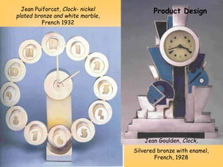 Jean Puiforcat, Clock- nickel
plated bronze and white marble,
French 1932
Jean Goulden, Clock,
Silvered bronze with enamel,
French, 1928
Product Design
 