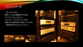 リファレンスの一例
・ホームシアター
使用しているAV機器群をそのまま
リファレンスとしました。
スピーカー、サブウーファー等も
同様なので資料を見ずに制作しています。
（現物を見ながらモデリングした）
 