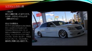 リファレンスの一例
・クルマ
長らく通勤で乗ってるやつです。
トヨタ：クラウンマジェスタ
（通称18マジェ）
CG上での想定は、
タイヤ F:235/30R20 R:245/30R20、
ホイールはオリジナル20インチ、
サスはエアサスコントローラーと
SSキットの組み合わせ、リアフォグ、
エアロ、ヘッドライトインナー加工、
ハイフラ、マフラーカッター、字光式
ナンバープレート、フルスモ等々。
基本的に現車に近い設定です。
 
