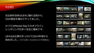 自主制作
自主制作自体はUE4に触れる前から、
CGの検証を兼ねてやってました。
かつてはMental-Rayでのオフライン
レンダリングが多く完全に趣味です。
UE4はお仕事がきっかけで2014年頃から
始めました。(それ以前にもUDKは1か月程触る)
 