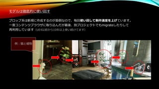 モデルは徹底的に使い回す
プロップ系は新規に作成するのが面倒なので、毎回使い回して制作速度を上げています。
一度コンテンツブラウザに取り込んだが最後、別プロジェクトでもmigrateしたりして
再利用しています（UE4以前から10年以上使い続けてます）
例：猫と植物
 