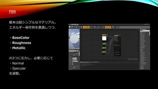 PBR
基本は超シンプルなマテリアル。
エネルギー保存則を意識しつつ、
・BaseColor
・Roughness
・Metallic
の3つに注力し、必要に応じて
・Normal
・Specular
を調整。
 