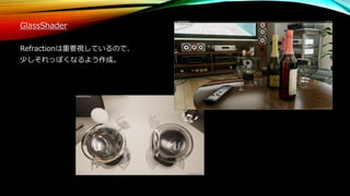 GlassShader
Refractionは重要視しているので、
少しそれっぽくなるよう作成。
 
