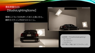 事前準備その5
【StudioLightingScene】
簡単にこういうのも作っておくと良いかと。
静的ライティングのテストシーン。
3点照明（ThreePointedLighting）
・キーライト
・フィルライト
・リムライト
の3つをレフ板に当ててライティング。
 