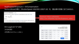 PostProcessのExposure > EVCompensation
Sunny16Ruleの晴れ（ShutterSpeed:100/ISO:100/F:16）を、露出値の定義に当てはめると、
EV=Log2(16^2*100)
14.64385
となる(15よりちょっと低い)
Exposure Value (wikipedia)
https://en.wikipedia.org/wiki/Exposure_value
 