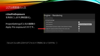 リアル照度値ベース
r.UsePreExposure
を有効にします(事前露光)。
ProjectSettingsだと右の画像の
Apply Pre-exposureﾅﾝﾀﾗです。
（なんかコレUE4.23からデフォルトで有効になってますね…）
 