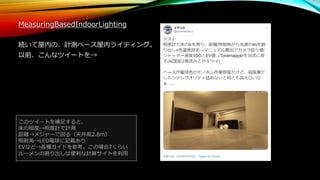 MeasuringBasedIndoorLighting
続いて屋内の、計測ベース屋内ライティング。
以前、こんなツイートを→
このツイートを補足すると、
床の照度→照度計で計測
距離→メジャーで図る（天井高2.8m）
照射角→LED電球に記載あり
EVなど→各種ガイドを参考。この場合7くらい
ルーメンの割り出しは便利な計算サイトを利用
 